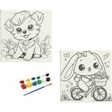 Dudu Ahşap Anaokulu İlkokul Etkinliği 2'li Tuval Boyama Seti 20 x 20 cm Uv Baskı + 6 Akrilik Boya + 1 Fırça Model 31
