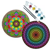 Dudu Gift 2'li Mandala Boyama Seti 2 Desenli Plaka 6 Renk Akrilik Boya 2 Adet Fırça - Set-2 - 20 Cm Çap