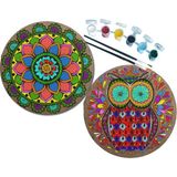 Dudu Gift 2'li Mandala Boyama Seti 2 Desenli Plaka 6 Renk Akrilik Boya 2 Adet Fırça - Set-4 - 20 Cm Çap