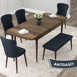 Due Serisi 80X132 Açılabilir Barok Ahşap Desen Mutfak Masası Takımı 4 Sandalye ve 1 Bench - Antrasit