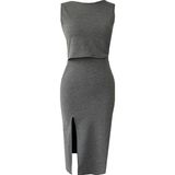Due Stelle Gri Sırt Dekolteli Etek Bluz Alt-Üst Takım - 2XL - Gri - Gri