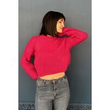 Due Stelle Oversize Bisiklet Yaka Fuşya Crop Kazak - Standart