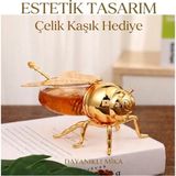 Duffa Şık Arı Şekilli Bal Kavanozu Kaşıklı Gold Mika Arı Tasarımlı Bal ve Reçel Kabı Kahvaltılık Sunumluk