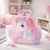 DUFFA Unicorn Desenli Kilitli Metal Kumbara - Çocuklar İçin Saplı Taşıma Çantası, Takı, Sır ve Eşya Saklama Kutusu, Anahtarlı Hediyelik Kumbara Çanta Asorti Renk