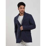 Dufy Lacivert Erkek Regular Fit Çizgili Sivri Yaka Keten Ceket - 46