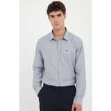 Dufy Mavi Erkek Slim Fit Çizgili Brent Yaka Uzun Kol Gömlek - 40