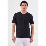 Dufy Siyah V Yaka Pamuklu Düz Renk Slim Fit Erkek T-shirt