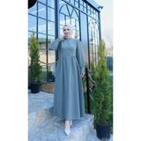 Düğme Detaylı Pileli Tesettür Elbise Haki HNT8528 - 48