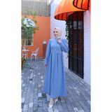 Düğme Detaylı Pileli Tesettür Elbise Mavi HNT8528 - 38