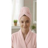 Düğme Lastikli Havlu Bone , Saç Bone ,pamuklu Saç Bone , Bukle Baş Havlusu ,saç Kurutma Bonesi - 65 x 25 cm - Pembe