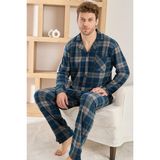 Düğmeli Açık Lacivert Ekose Desenli Erkek Pijama Takımı Polar Kumaş ile Yumuşak Konfor - Lacivert - Yeşil
