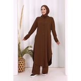 Düğmeli Cepli Tunik Ve Pantolon İkili Takım 8682 Kahverengi