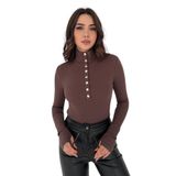 Düğmeli Ribana Bluz – Brown Power, kahverengi, s