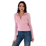 Düğmeli Ribana Bluz – Brown Power, pembe, s