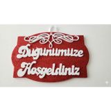 Düğünümüze Hoşgeldiniz Kapı Süsü - Kırmızı Simli Strafor Karşılanma Panosu - Dekoratif Düğün, Nişan ve Davet Giriş Süsü (Desenli Model)