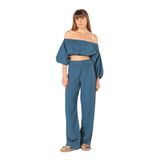 DUNIA%100 Pamuk Karpuz Kollu Crop ve Palazzo Pantolon TAKIM (Standart, İndigo Mavi, XS/S)