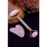 Dünya Doğal Taş Pembe Kuvars Taşı Gua Sha ve Roller Seti (Yüz Cilt Masaj Aleti)