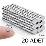 Dünya Magnet 20 Adet 5x2 Yuvarlak Mini Neodyum Mıknatıs Magnet Çap: 5 mm Kalınlık : 2 mm - Gümüş