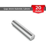Dünya Magnet 20 Adet Neodyum Mıknatıs Çap 5 mm Kalınlık 1,5 mm D5X1,5 mm - Gümüş