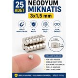 Dünya Magnet 25 Adet Neodyum Mıknatıs 3x1,5 mm N35 Güçlü Yuvarlak Magnet Mini Disk Mıknatıs - Gümüş