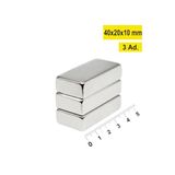Dünya Magnet 3 Adet - Köşeli Neodyum Mıknatıs, 40X20X10 Mm, Süper Güçlü Magnet, N35 Kalite