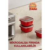 Dünya Plastik Heat'N Go Mikrodalga Uyumlu, Hava Kapaklı, BPA İçermeyen Kare Yemek Saklama Kabı 550ml (Üçlü Set) Kırmızı