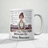 Dünyanın En Güzel Öğretmenine Özel Öğretmenler Günü Hediyelik Baskılı Kupa - Beyaz - 300 ml