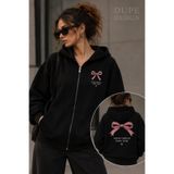 Dupe Design Good Things Take Time Fiyonk Baskılı Kadın Oversize Siyah Kapüşonlu Fermuarlı Hırka