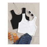 Duples Kadın Siyah Beyaz 2'Li Paket Fitilli Askılı Crop Top Bluz