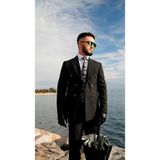 Dupont Classics Dupont Erkek Kruvaze Çizgili Takım Elbise - Slim Fit 6 Drop Sivri Yaka Çift Yırtmaçlı Viskon - Siyah - 50