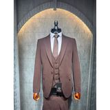 Dupont Classics Dupont Erkek Yelekli Takım Elbise - Likralı Zara Kumaş Slim Fit Kırlangıç Yaka 6 Drop - Kahverengi - 44