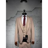 Dupont Classics Dupont Erkek Yelekli Takım Elbise - Likralı Zara Kumaş Slim Fit Kırlangıç Yaka 6 Drop - Koyu Bej - 56
