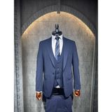 Dupont Classics Dupont Erkek Yelekli Takım Elbise - Likralı Zara Kumaş Slim Fit Kırlangıç Yaka 6 Drop - Lacivert - 50