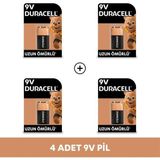 Duracell 9V Alkalin Pil 4'lü Paket Uzun Ömürlü 6LR61 / MN1604 Tek Kullanımlık Pil