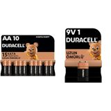 Duracell Alkalin AA Kalem Piller, 1,5 V LR6/MN1500, 10’lu Paket + Duracell Alkalin 9V Piller, 6LR61/MN1604 1'li Paket