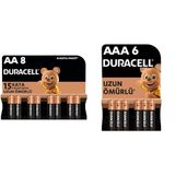 Duracell Alkalin AA Kalem Piller, 1,5 V LR6/MN1500, 8'li Paket + Duracell Alkalin AAA İnce Kalem Piller, 1,5 V LR03/MN2400, 6’lı Paket
