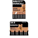Duracell Alkalin AAA İnce Kalem Piller, 1,5 V LR03/MN2400, 8'li Paket + Duracell Alkalin AA Kalem Piller, 1,5 V LR6/MN1500, 8'li Paket