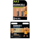Duracell Şarj Edilebilir AA 2500 mAh Kalem Piller, 2'li + Duracell Optimum AA Alkalin Kalem Piller, 1,5 V LR6/MN1500, 8’li Paket