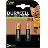Duracell Şarj Edilebilir AAA İnce Kalem Pil (2'li paket) 750 mAh NiMH, 1000 şarj döngüsü, önceden şarj edilmiştir