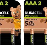 Duracell Şarj Edilebilir AAA İnce Kalem Pil (4'li paket) 750 mAh NiMH, 1000 Sarj Döngüsü, Önceden Sarj Edilmiştir
