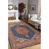 Durdle Kapı Lacivert Oryantal Modern Geometrik Etnik Desenli Boho Makinada Yıkanabilir Hav Toz Vermez Leke Tutmaz Kaymaz Taban Dijital Makine Baskı Halı Oturma Odası Salon Yolluk Koridor Mutfak Halısı