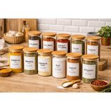 Durina Living 12'li Bambu Vakum Kapaklı Borosilikat 250ML-BAHARATLIK Seti Kaşıklı - Etiketli Baharatlık Seti