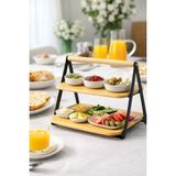 Durina Living 2 Katlı Bambu & Metal Raf – Tezgah Üstü Baharatlık Standı, Kahvaltı & Mutfak Organizeri, Ayaklı Sunum Rafı – 30X29 cm