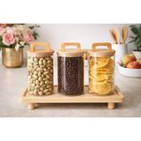 Durina Living 3’lü 750 ml Bambu Standlı Vakum Kapaklı Cam Kavanoz Seti – Kahve Şeker Tuz Çay Saklama Kabı – Kulplu Bambu Kapaklı Tezgah Üstü Organizer Etiket Hediyeli