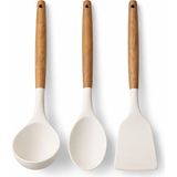 Durina Living 3’lü Ahşap Saplı Silikon Kaşık-Kepçe-Spatula Seti Yanmaz Yapışmaz Servis Seti - Ahşap - Bej