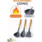 Durina Living 3’lü Ahşap Saplı Silikon Kaşık-Kepçe-Spatula Seti Yanmaz Yapışmaz Servis Seti