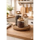 Durina Living 3’lü Cam Kavanoz Seti Ahşap Standlı Akasya Kapaklı Borosilikat Cam Kavanoz – 1300 ml 950 ml 550 ml Mutfak Saklama Kabı