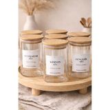Durina Living 7’li Vakumlu Baharat Kavanozu Seti | 200 ml Borosilikat Cam | Bambu Kapak | Ahşap Stand + Kaşık+Etiket 12LI