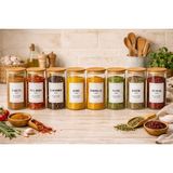 Durina Living Bambu Vakum Kapaklı 8 Li Borosilikat Cam Baharatlık Takımı - Baharat Kaşığı ve Etiket Dahil Set 250 ml