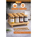 Durina Living Standlı 12'li Etiketli 250 ml Bambu Vakum Kapaklı Borosilikat Cam Baharatlık Saklama Seti 12 Li Kaşık Dahil